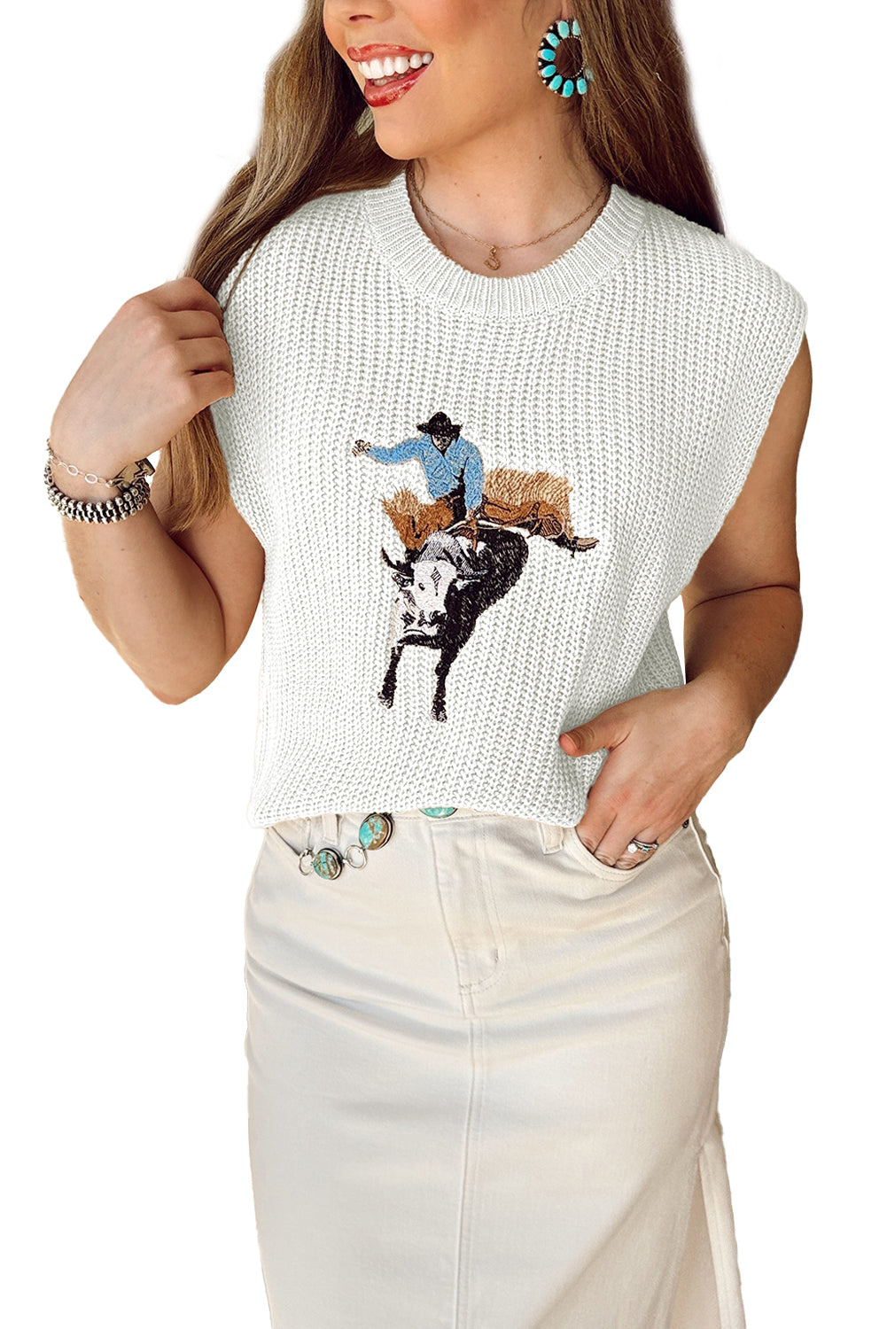 White Western Cowboy Embroidery Round Neck Sleeveless Sweater