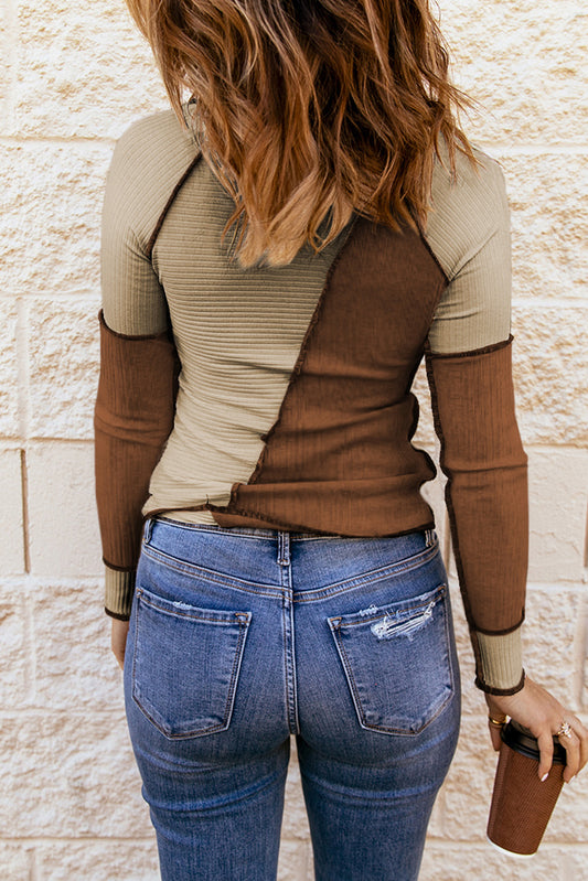 Brown Irregular Color Block Seaming Trim Rib Knit Top