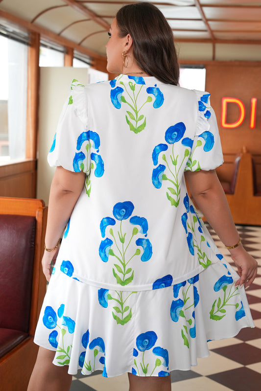Sky Blue Floral Bubble Sleeve Plus Size Ruffled Mini Dress With Pockets