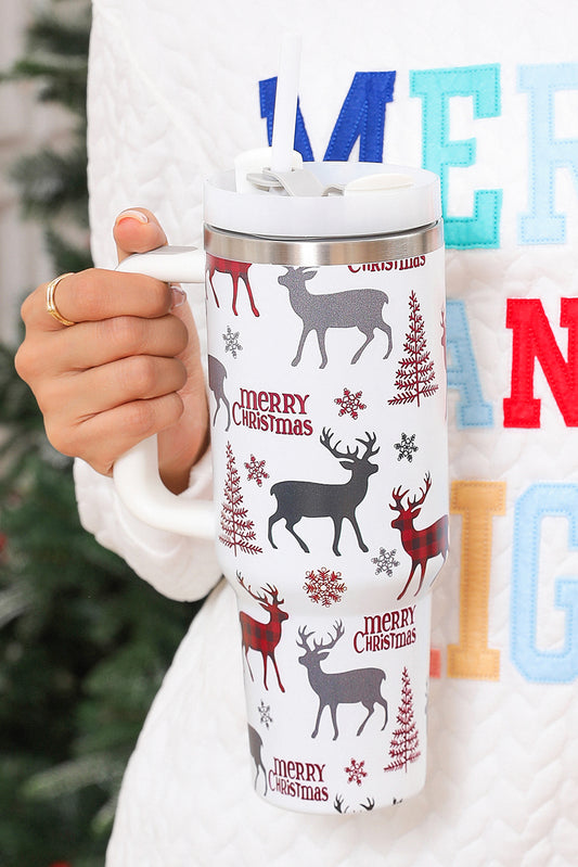 White Merry Christmas Tree Snowflake Elk Print Handle Tumbler