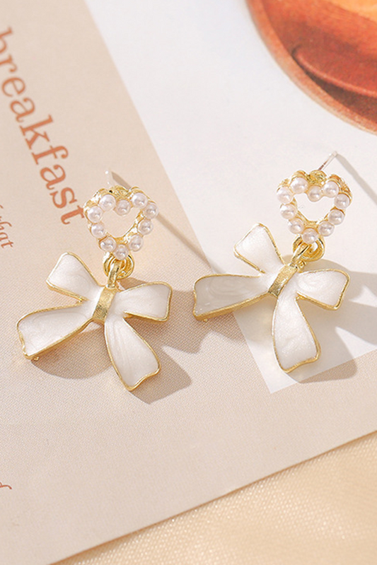 Gold Pearled Heart Shape Bow Knot Dangle Earrings