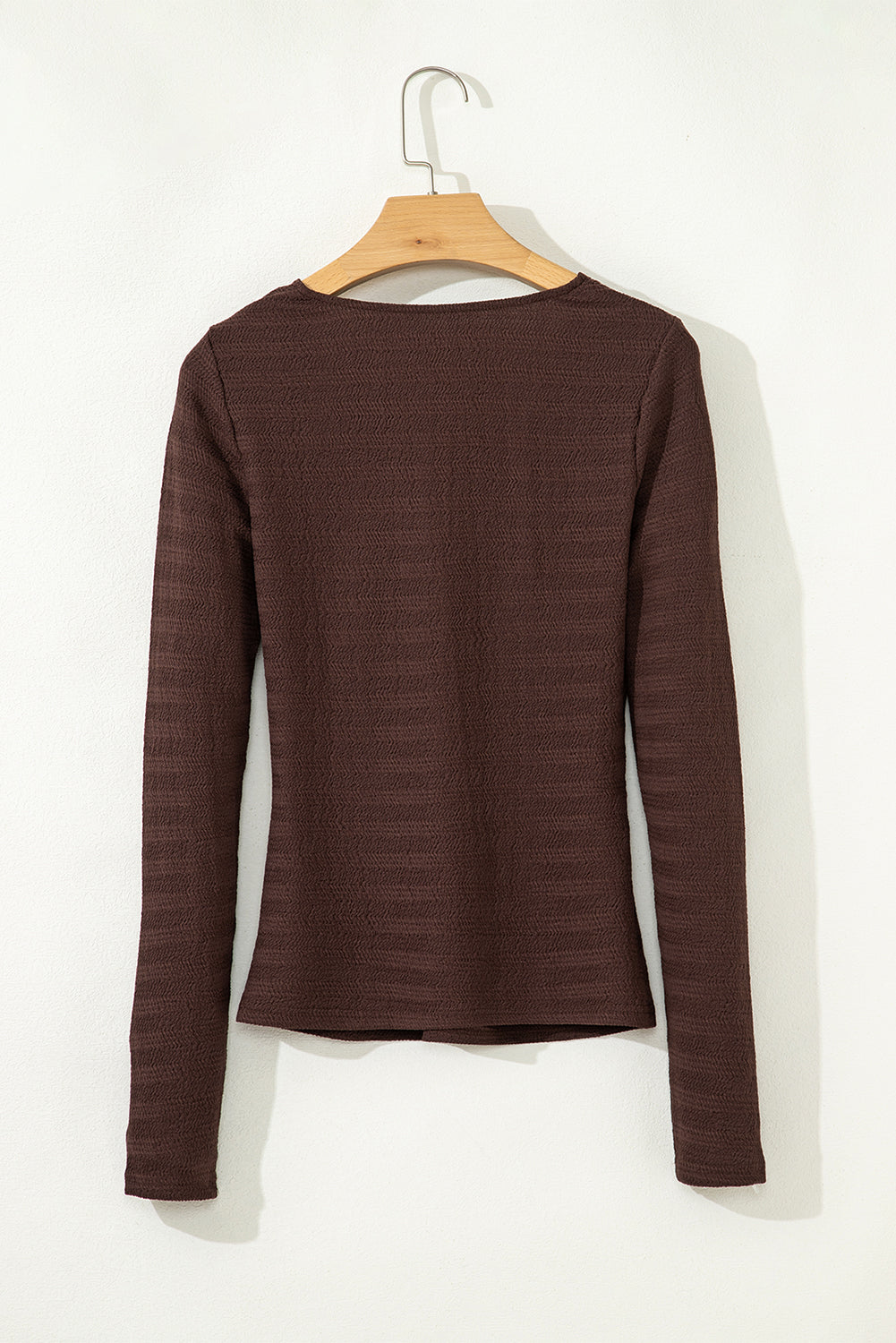 Coffee Textured Twist Front V Neck Long Sleeve Slim Solid Color Top