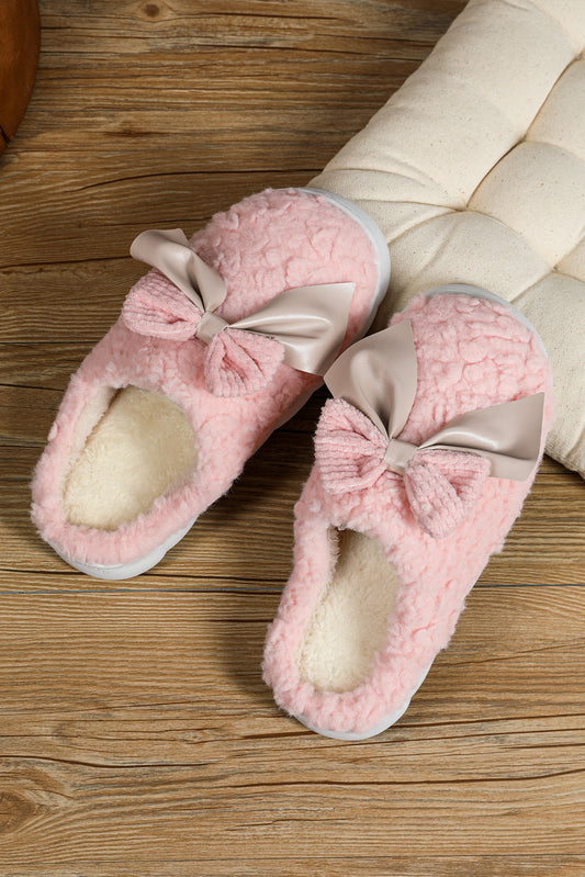 Pink Contrast Bowknot Applique Plush Winter Slippers (Bow Colors May Differ by Batch)