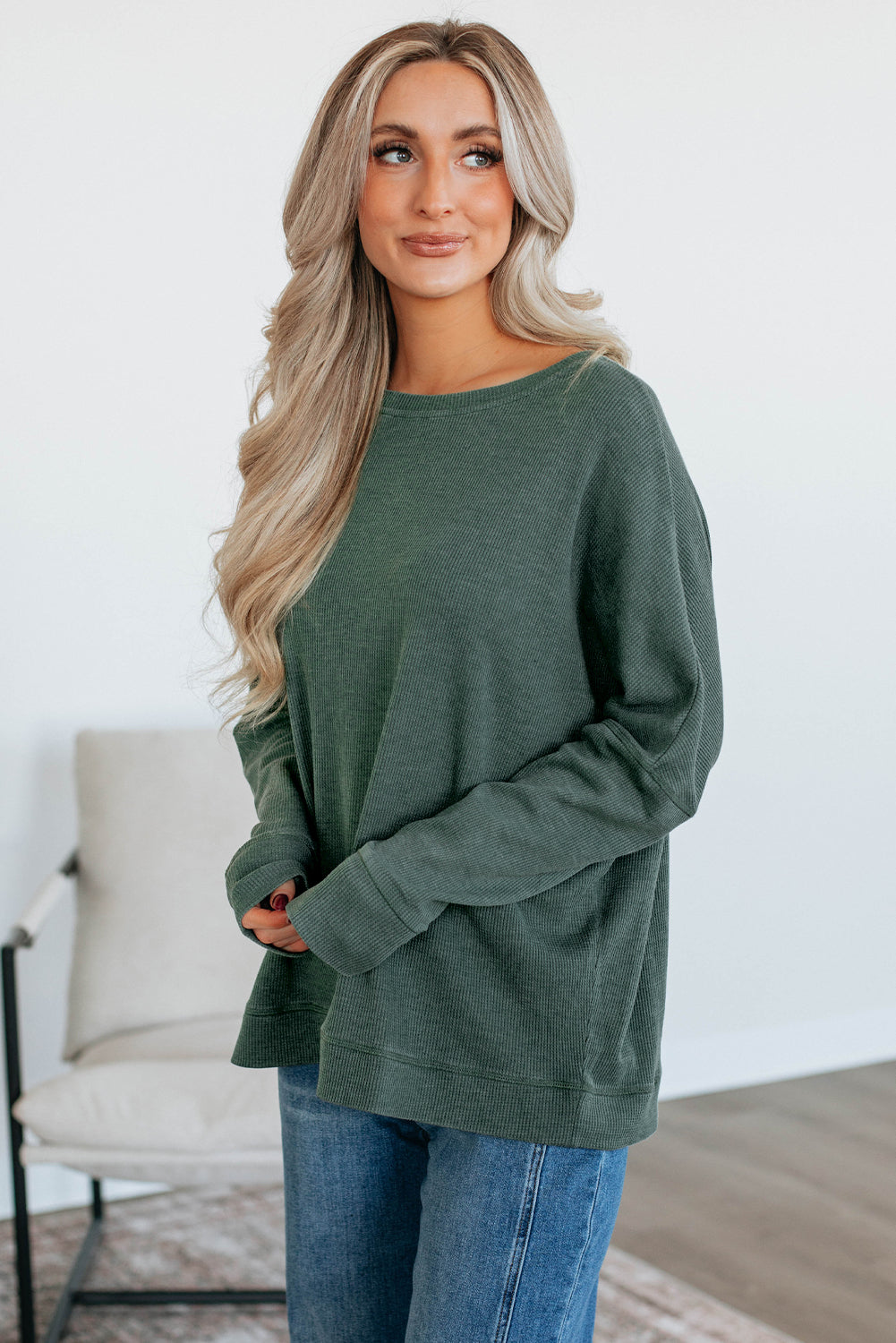 Mist Green Waffle Knit Patchwork Long Sleeve Loose Top