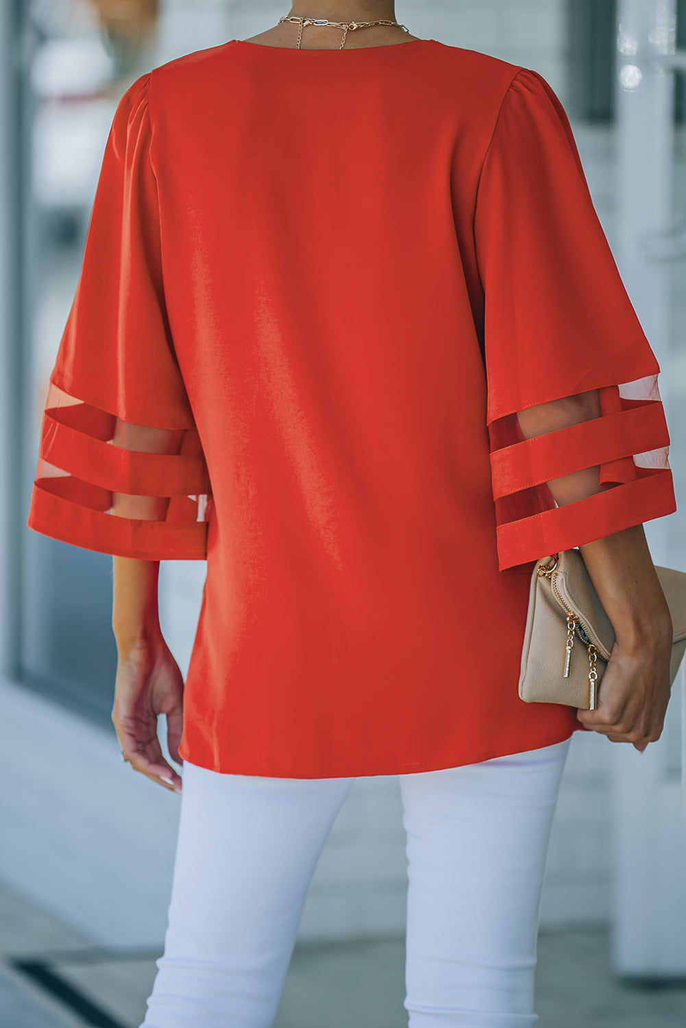 Fiery Red Flare Sleeve V Neck Loose Blouse