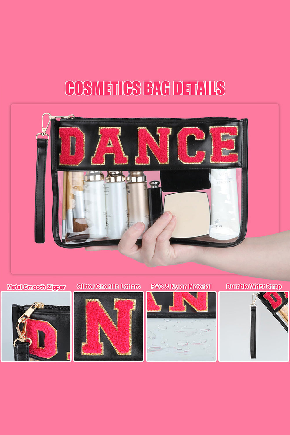 Black DANCE Chenille Letter PU Leather Patchwork Clear Makeup Bag