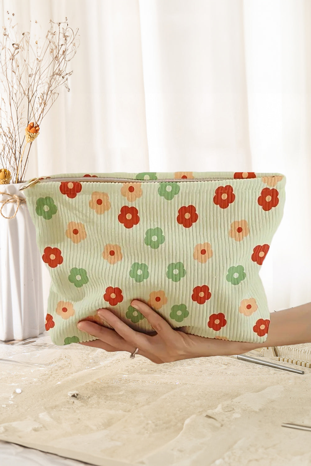 Clearly Aqua Flower Print Corduroy Zipper Makeup Storage Bag