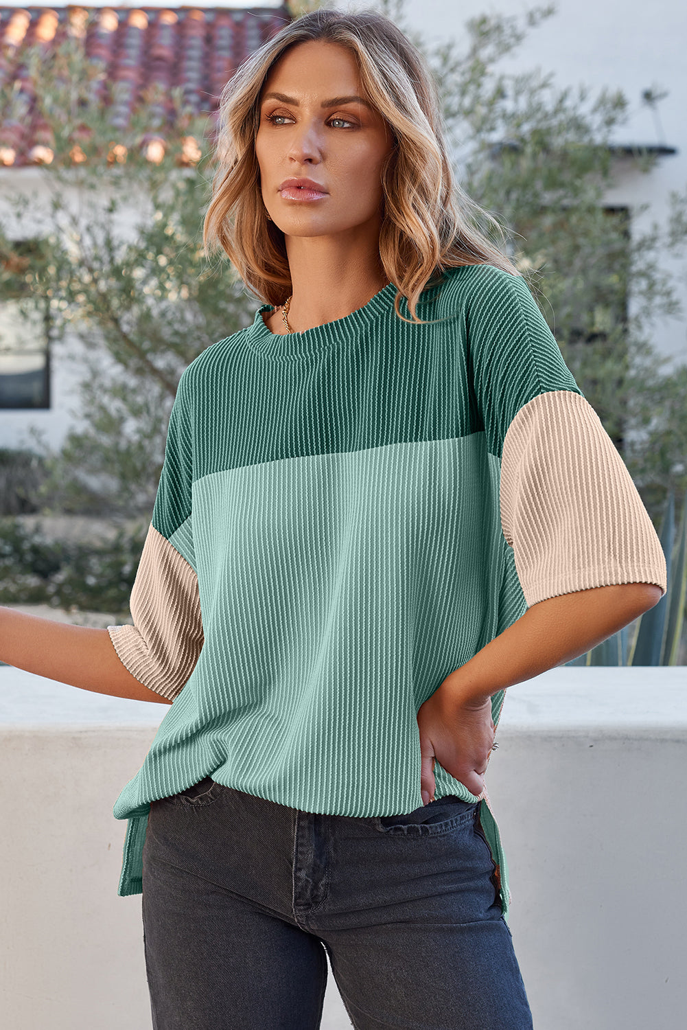 Mint Green Color Block Ribbed Side Slits Half Sleeve Top