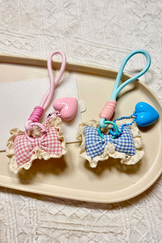 Pink Puffy Heart Crochet Trim Plaid Bow Rope Dangle Keychain Bag Accessory