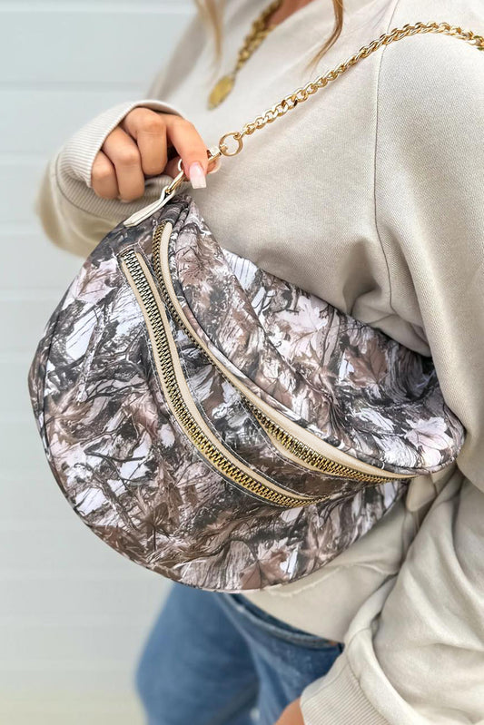 Medium Grey Camouflage Print Gold Chain Strap Double Zipper Crossbody Bag