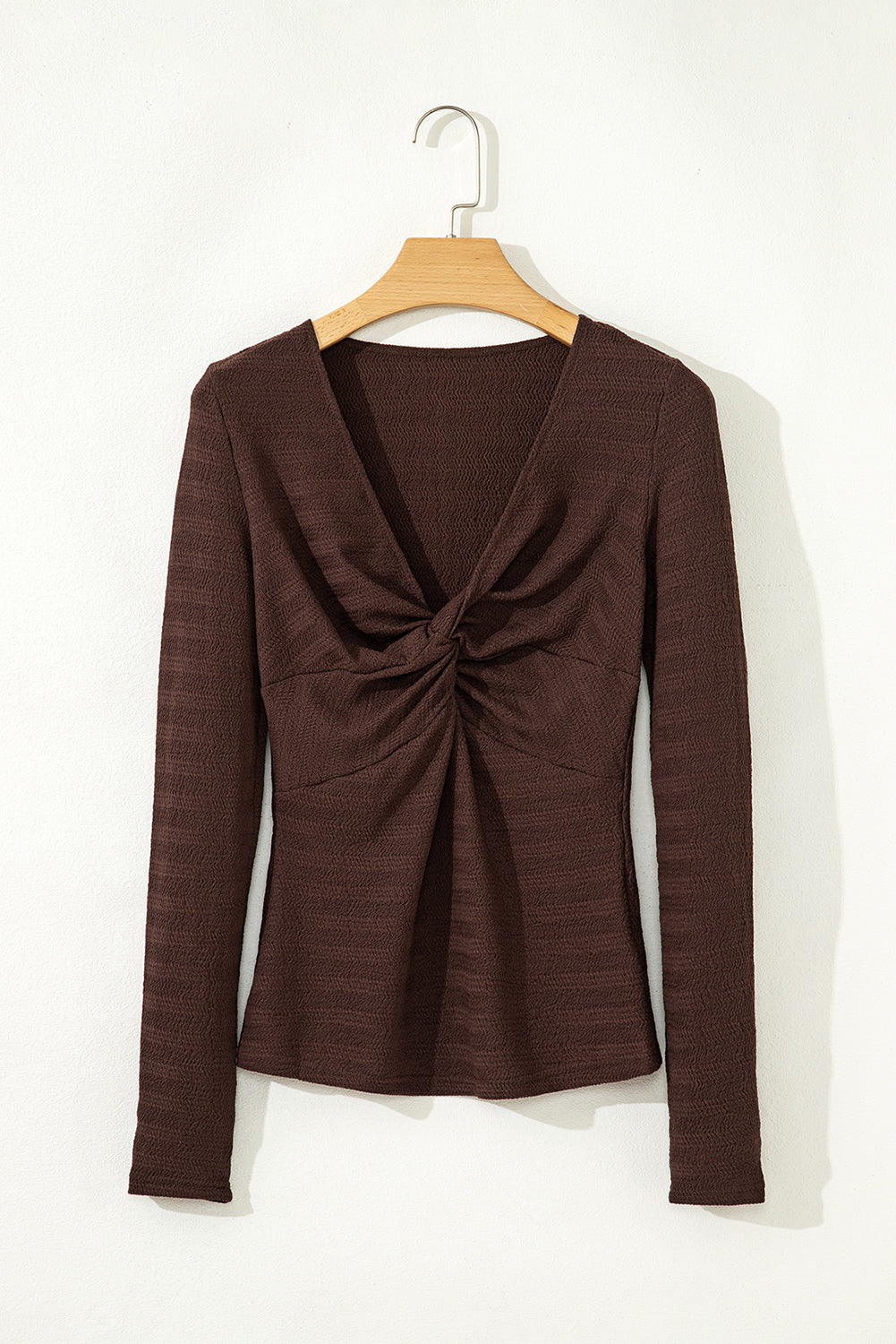 Coffee Textured Twist Front V Neck Long Sleeve Slim Solid Color Top