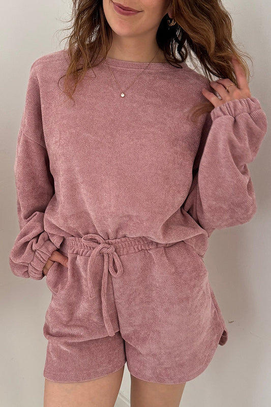 Fushia Solid Color Textured Knit Drop Shoulder Pullover Drawstring Shorts Set