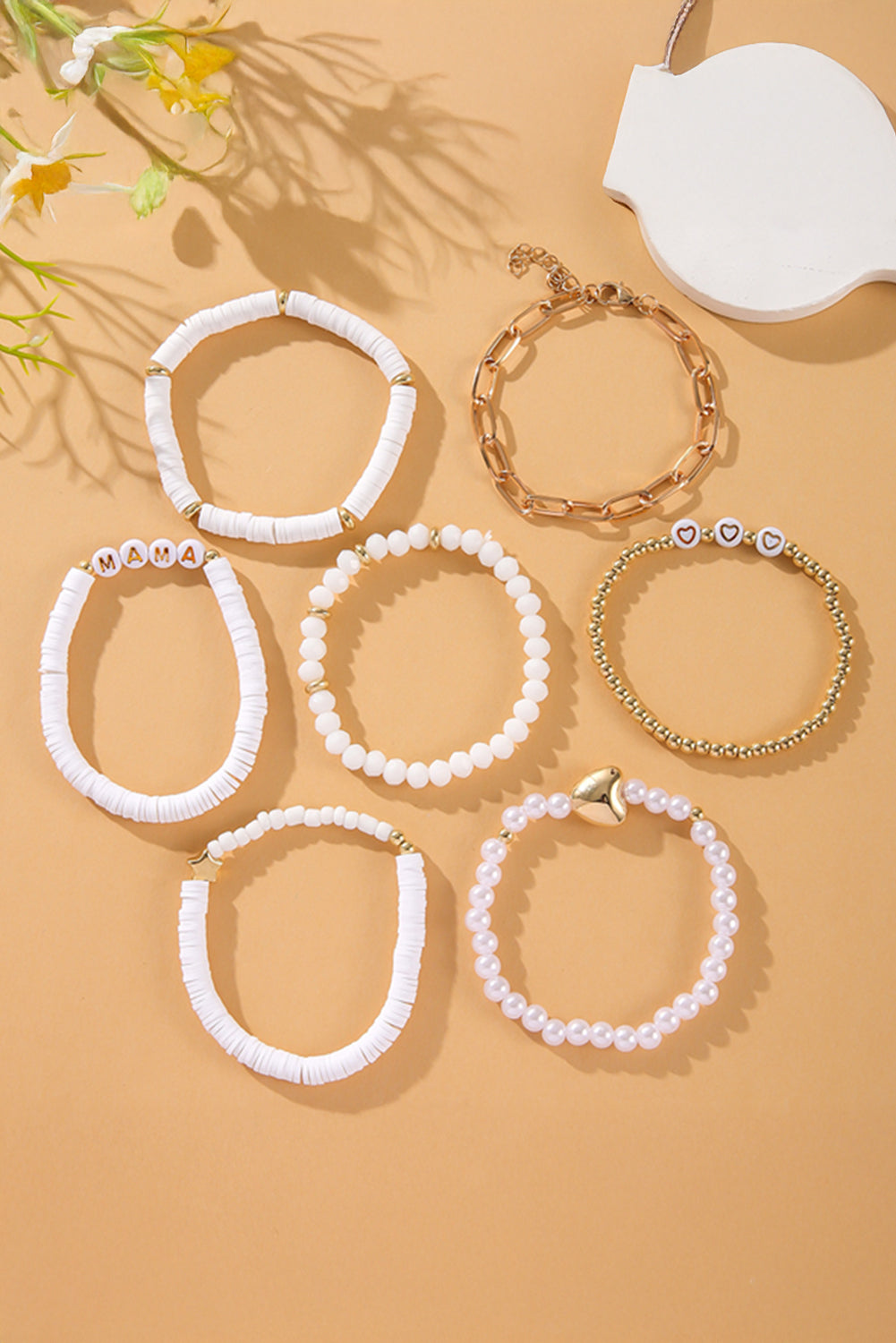 White MAMA Heart Pearl Beaded Chain Multi Layer Bracelet