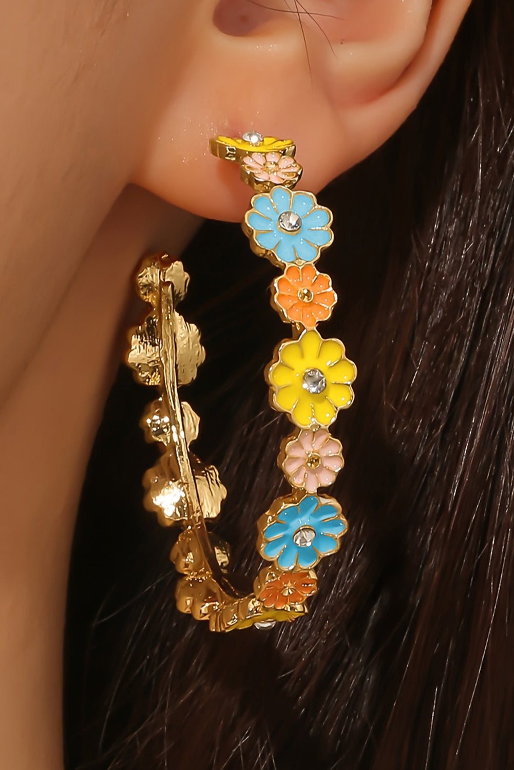 Gold Flower Rhinestone Decor Plated Alloy Hook Earrings
