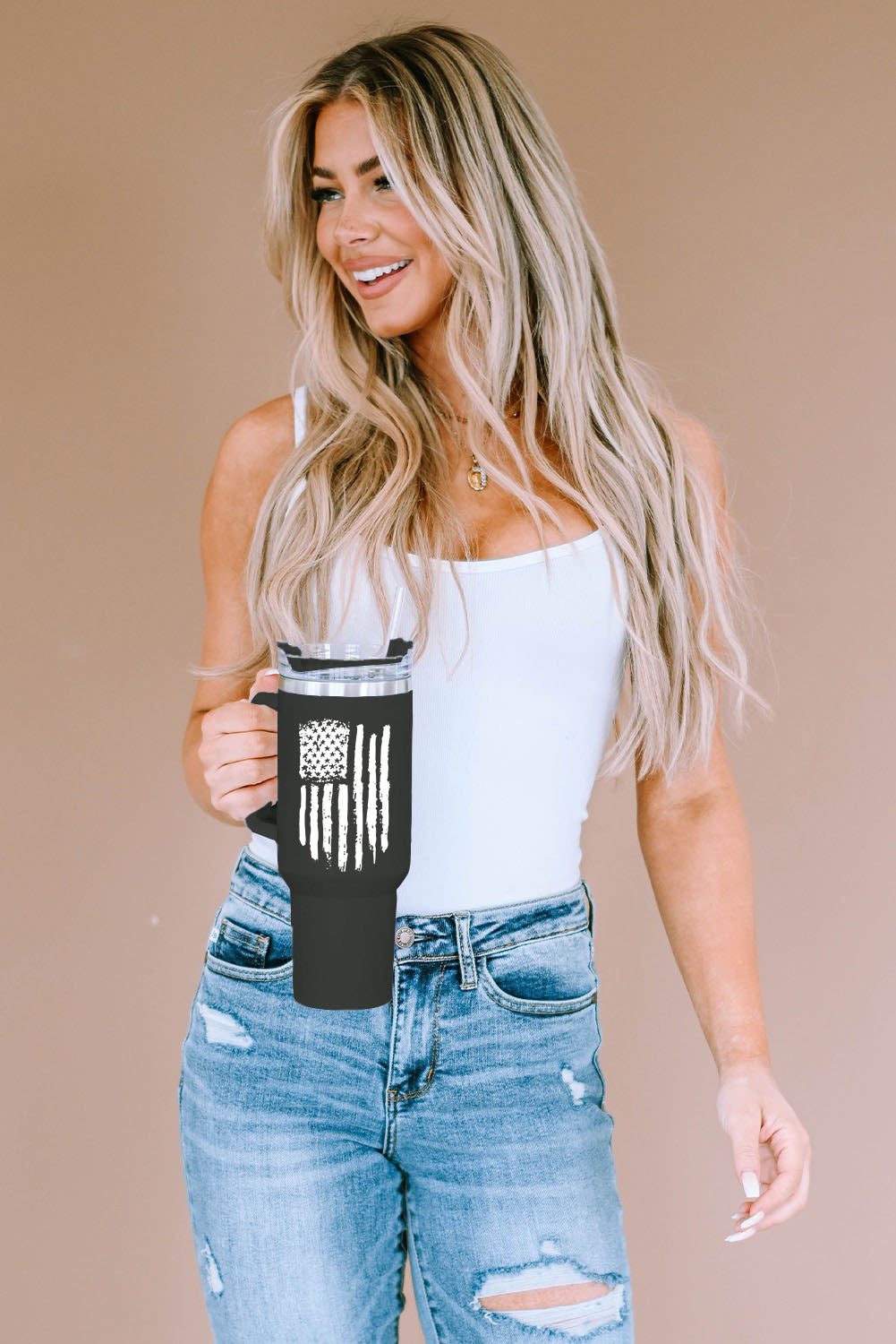 Black American Flag Print Stainless Steel Portable Cup with Handle 40oz