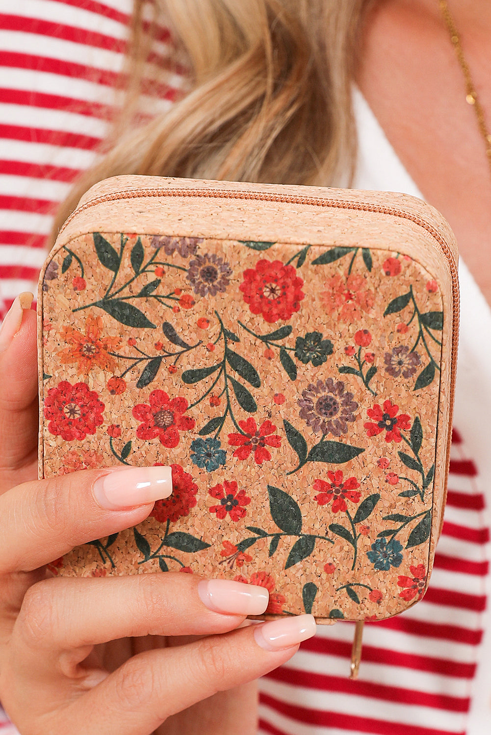 Camel Retro Floral Print Portable Square Jewelry Box
