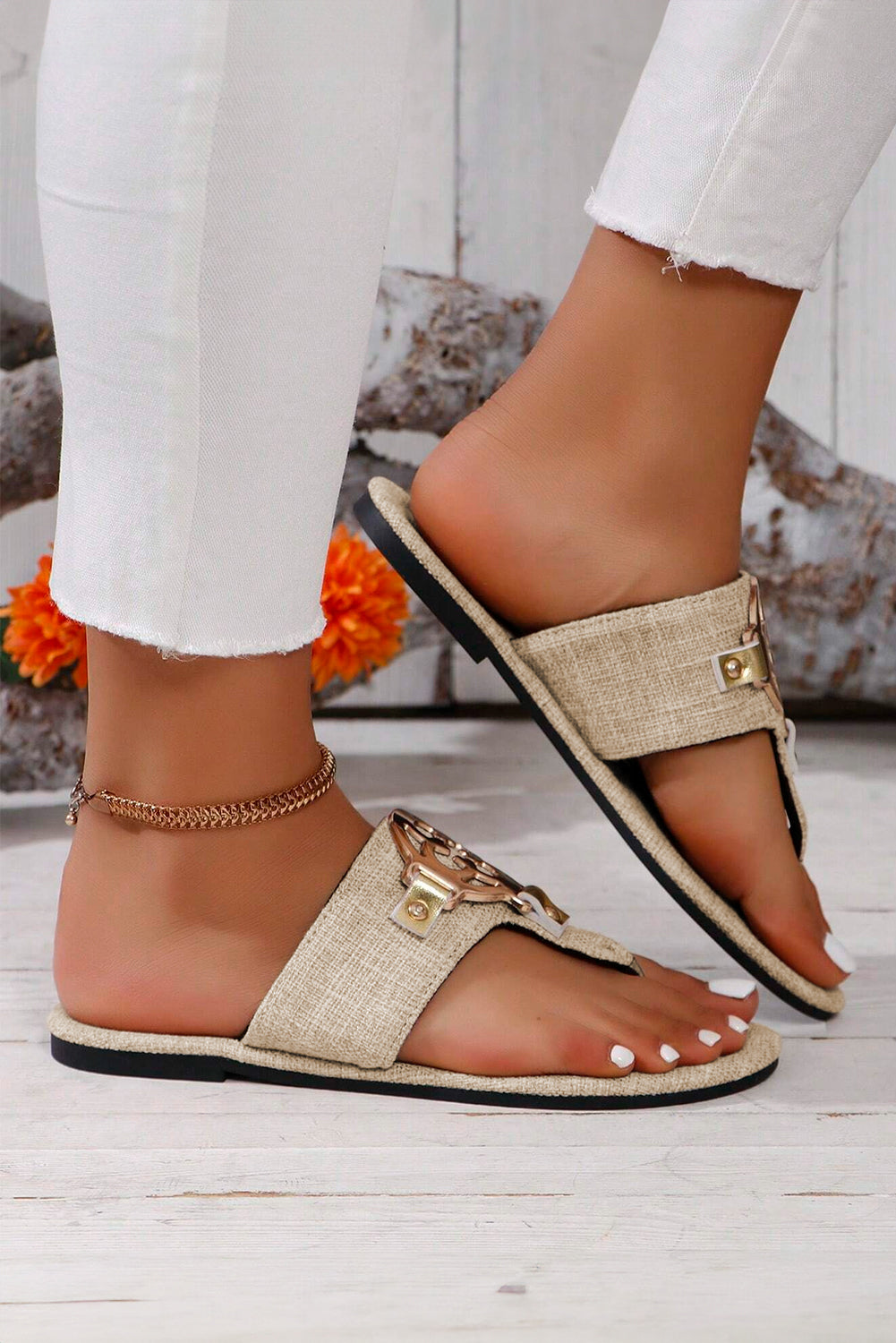 Beige Metal Decor Leather Thong Slippers