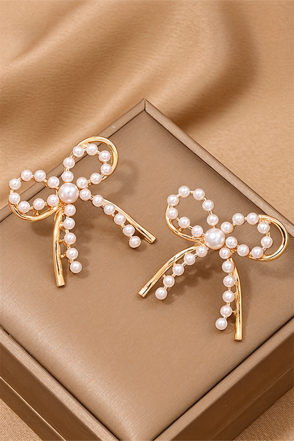 Gold Pearl Embellished Alloy Bow Knot Stud Earrings