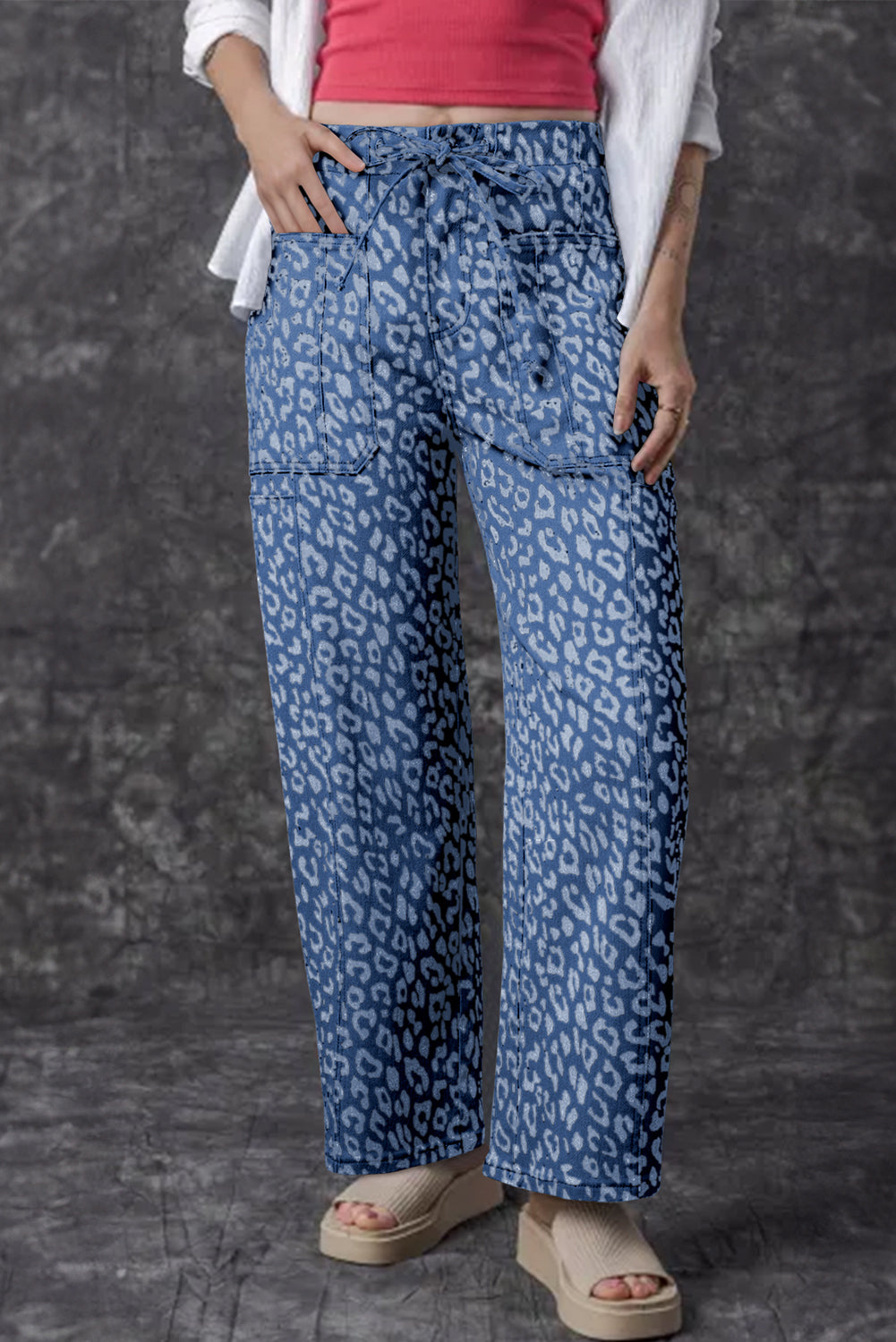 Blue Leopard Printed Drawstring Elastic Waistband Pocketed Wide Leg Jeans