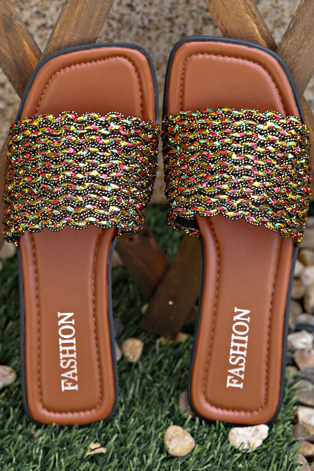 Red Dahlia Glitter Braided Square Toe PU Leather Slippers