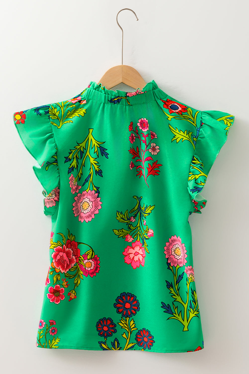 Green Floral Print Flutter Sleeve Frilly Neck Blouse