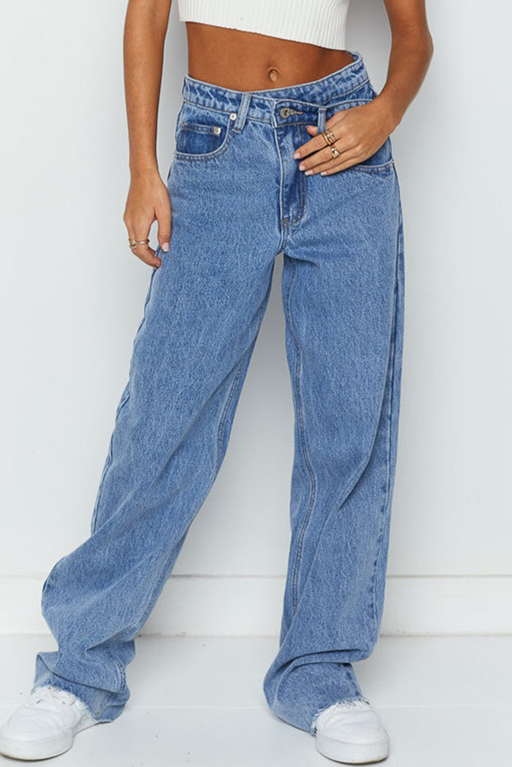 Blue Mid Rise Asymmetrical Waist Wide Leg Jeans