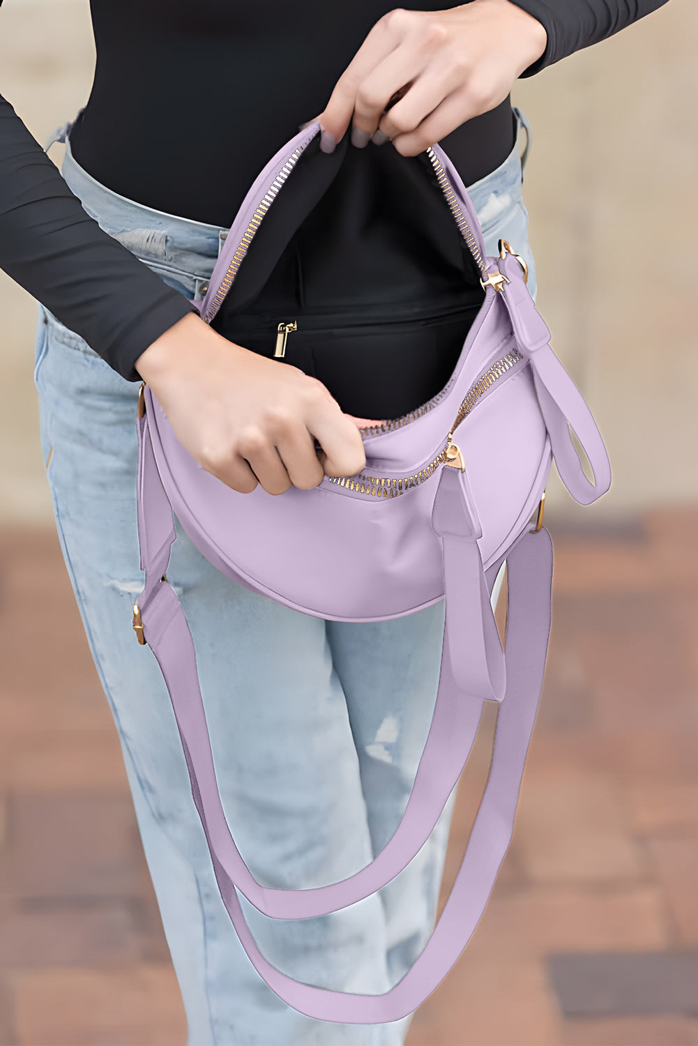 Wisteria Double Zip Crescent Shape Adjustable Sling Bag