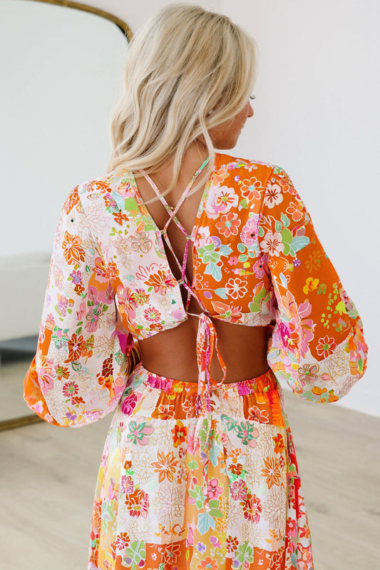 Orange Floral Patchwork Print Cut out Tied Back Bracelet Sleeve Maxi Dress