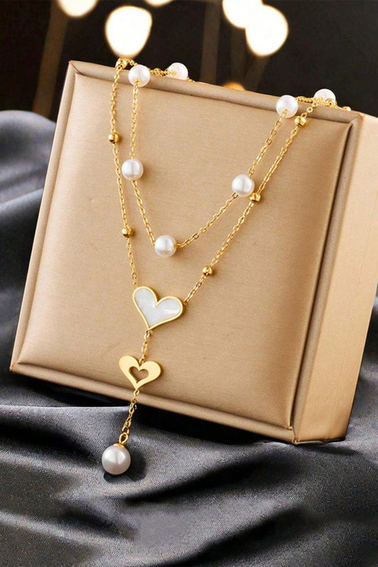 Gold Heart Pearl Double Layer Adjustable Chain Necklace