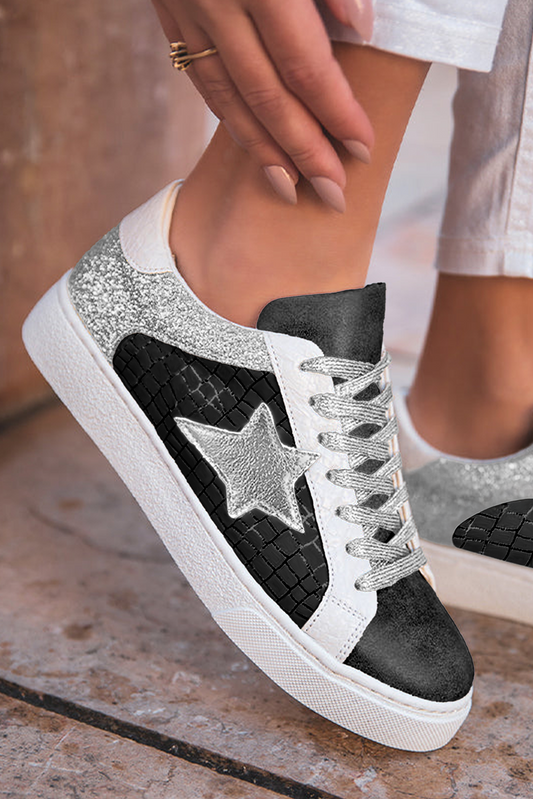Color black Glitter Star Patchwork PU Leather Lace-up Sneakers
