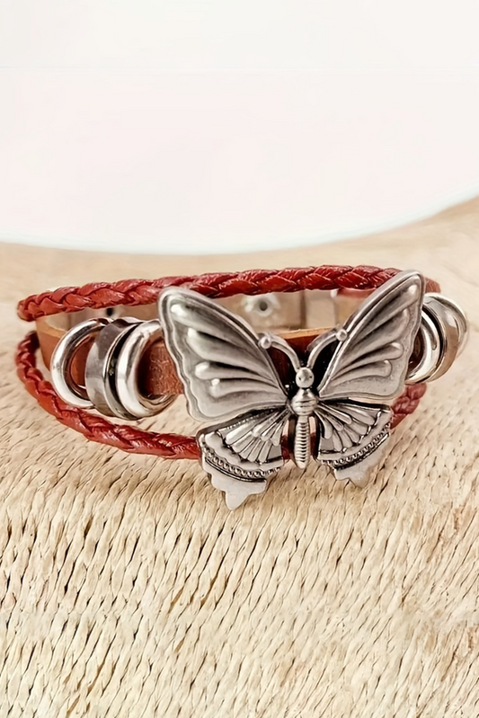 Mineral Red Retro Butterfly Decor Exotic Faux Leather Braided Snap Button Bracelet