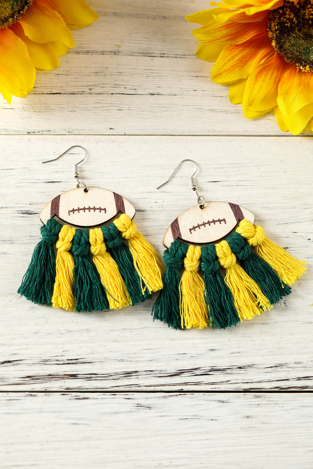 Green Rugby Football Color Block Braided Tasseled Drop Earrings