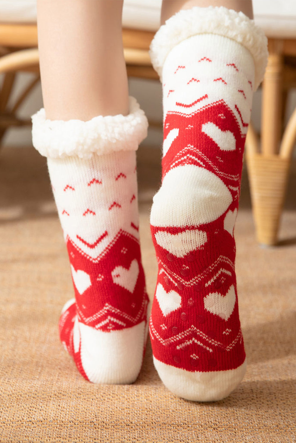 Fiery Red Geometric Heart Pattern Knit Fuzzy Cuff Christmas Knee High Socks