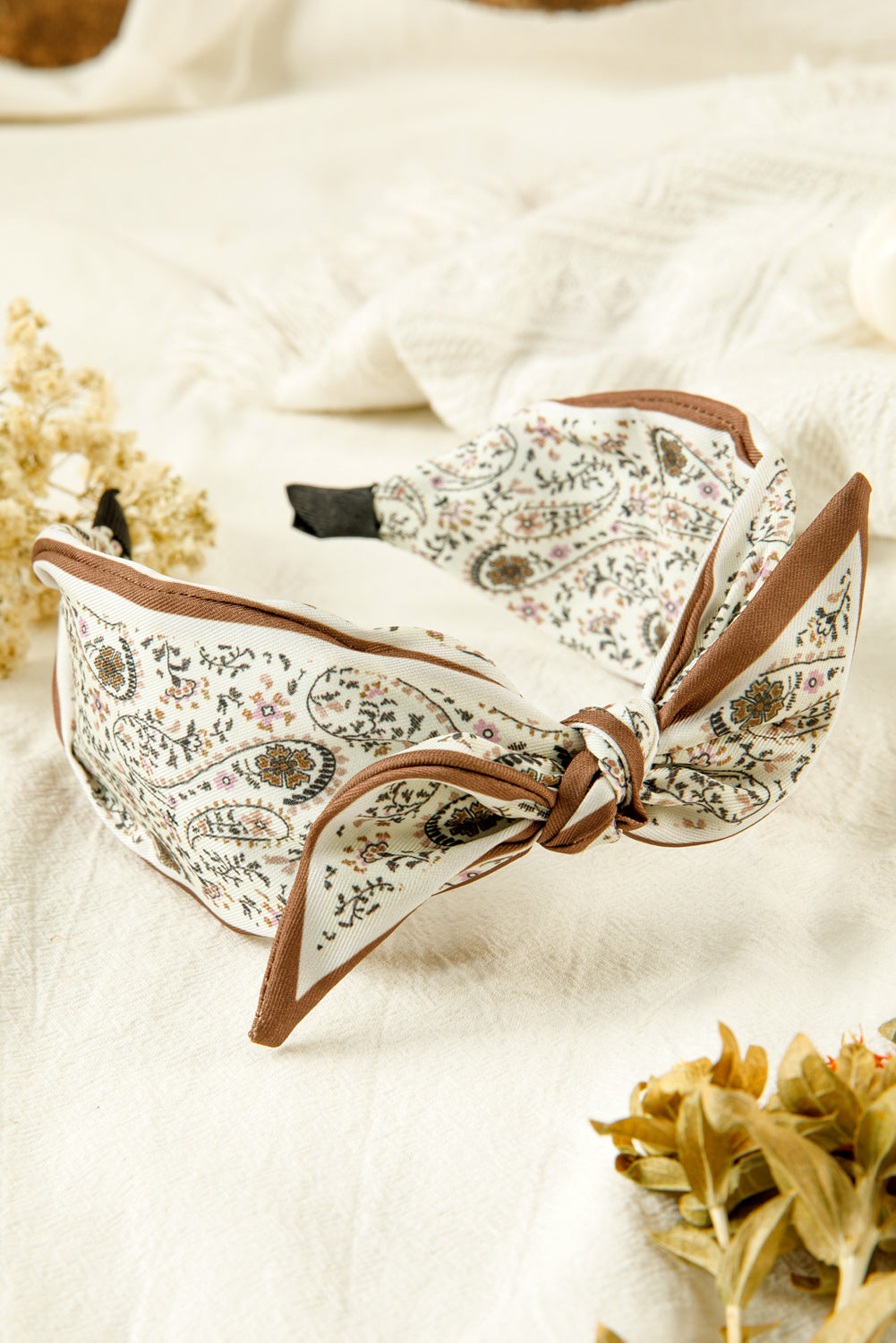 White Bohemian Floral Print Satin Bow Knot Hairband