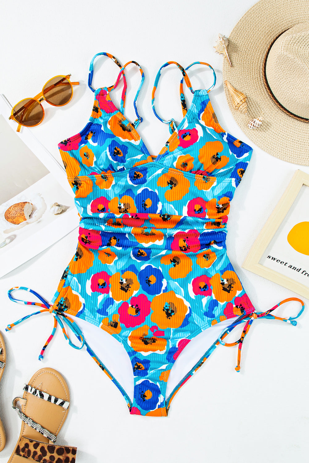 Sky Blue Orange Adjustable Straps Ribbed Knit One Piece Swimsuit