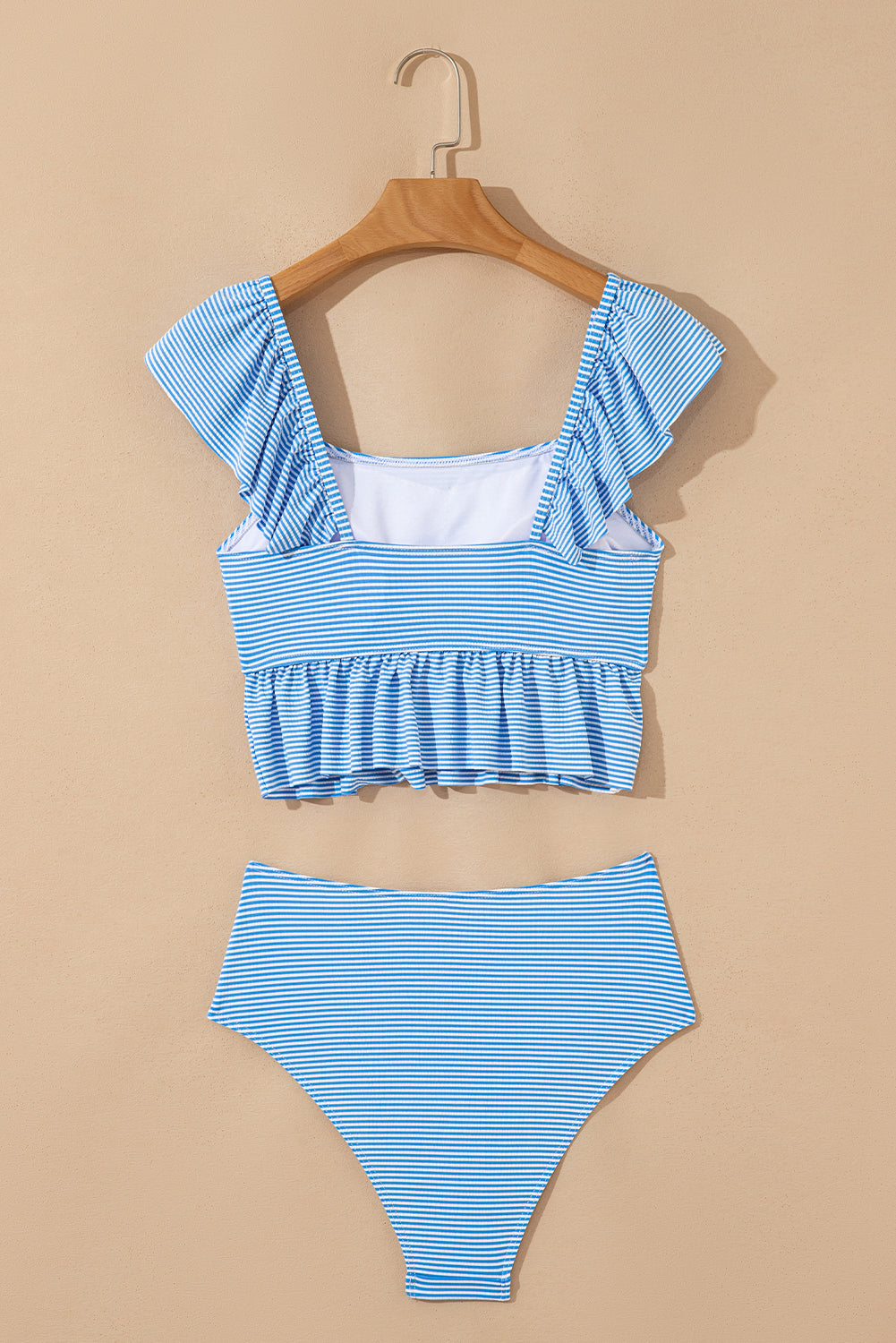 Sky Blue Striped Ruffled Shoulder Peplum Top 2 Piece Tankinis