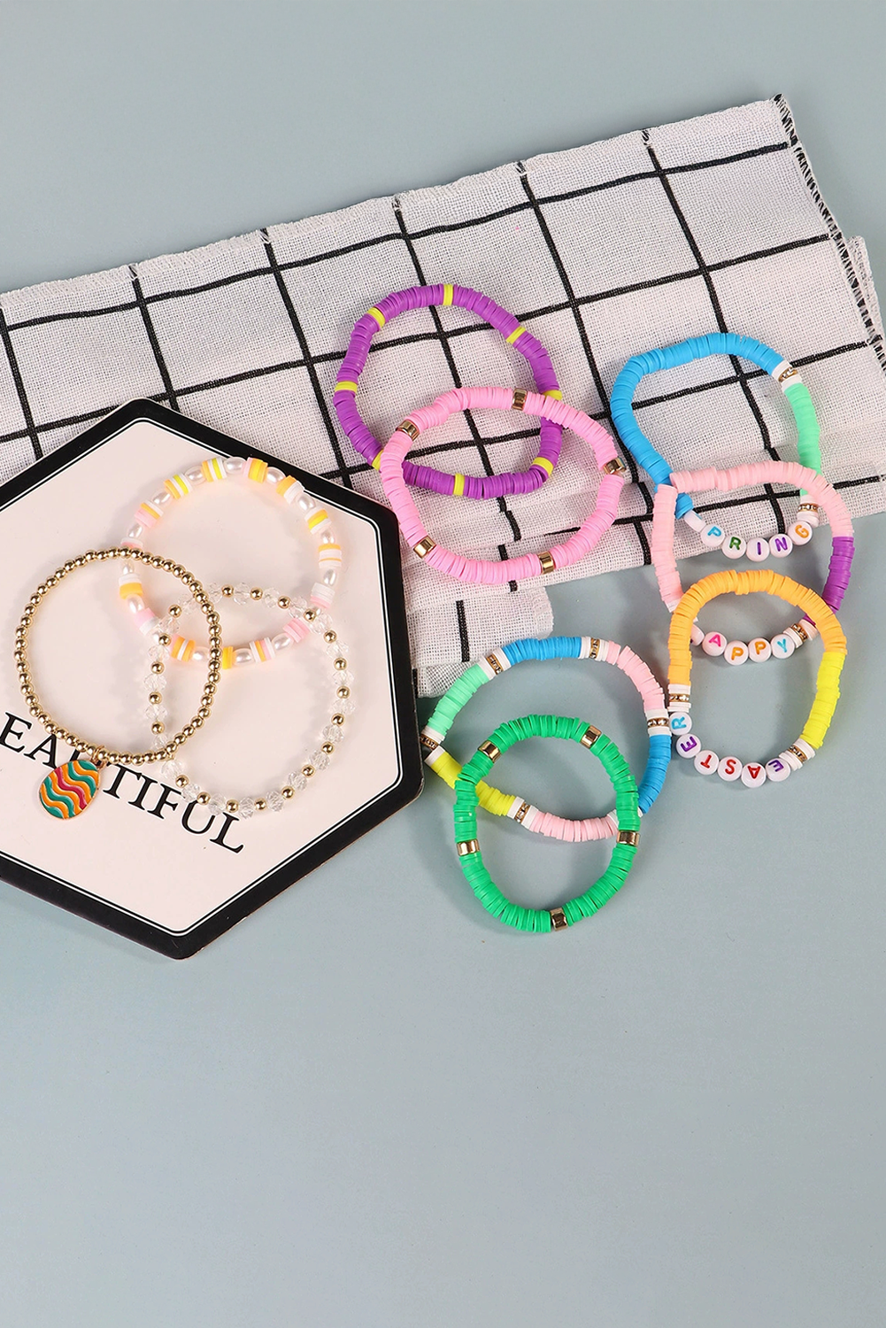 Gold Happy Easter Polymer Clay Beaded Bracelet