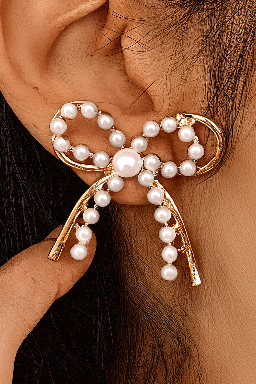 Gold Pearl Embellished Alloy Bow Knot Stud Earrings