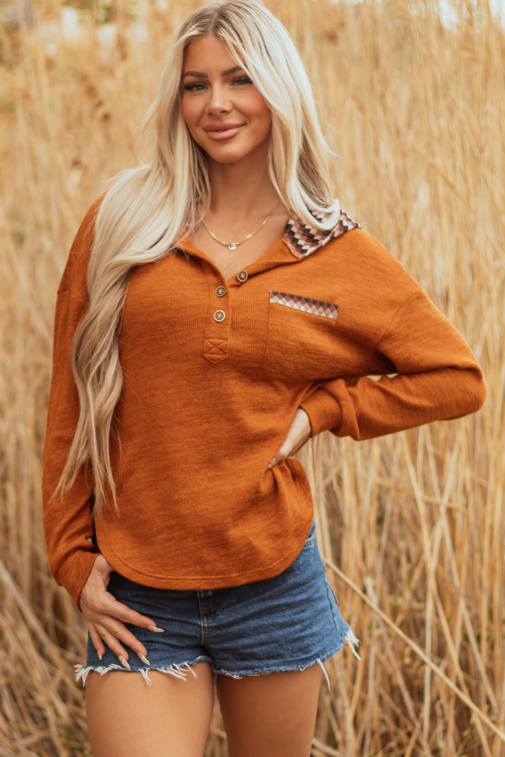 Straw Yellow Contrast Plaid Hood Patchwork Chest Pocket Henley Top