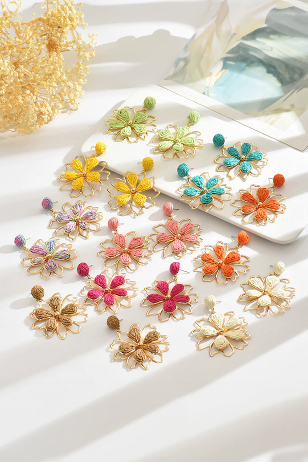 Gold Rainbow Swirl Crochet Flower Shape Drop Earrings