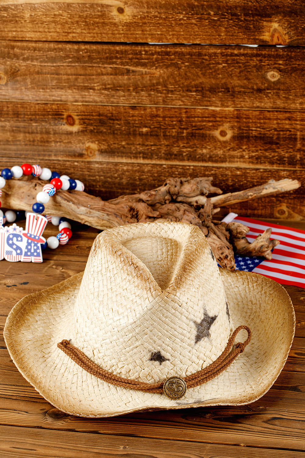 Khaki Vintage Star Shape Woven Wide Brim Buckle Hat