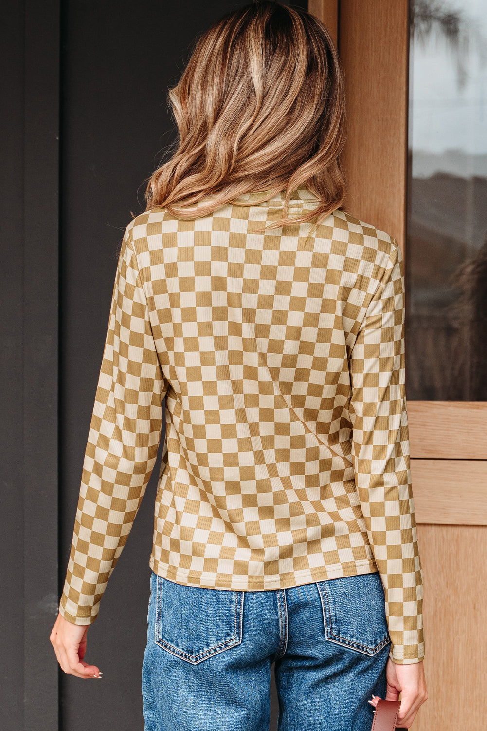 Khaki Check Pattern Turtleneck Ribbed Slim Long Sleeve Tee