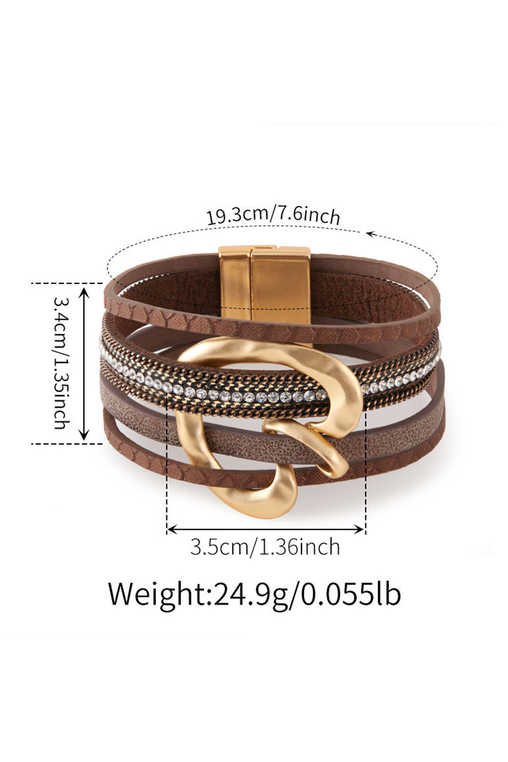 Coffee PU Leather Straps Rhinestone Embedded Retro Magnetic Buckle Bracelet
