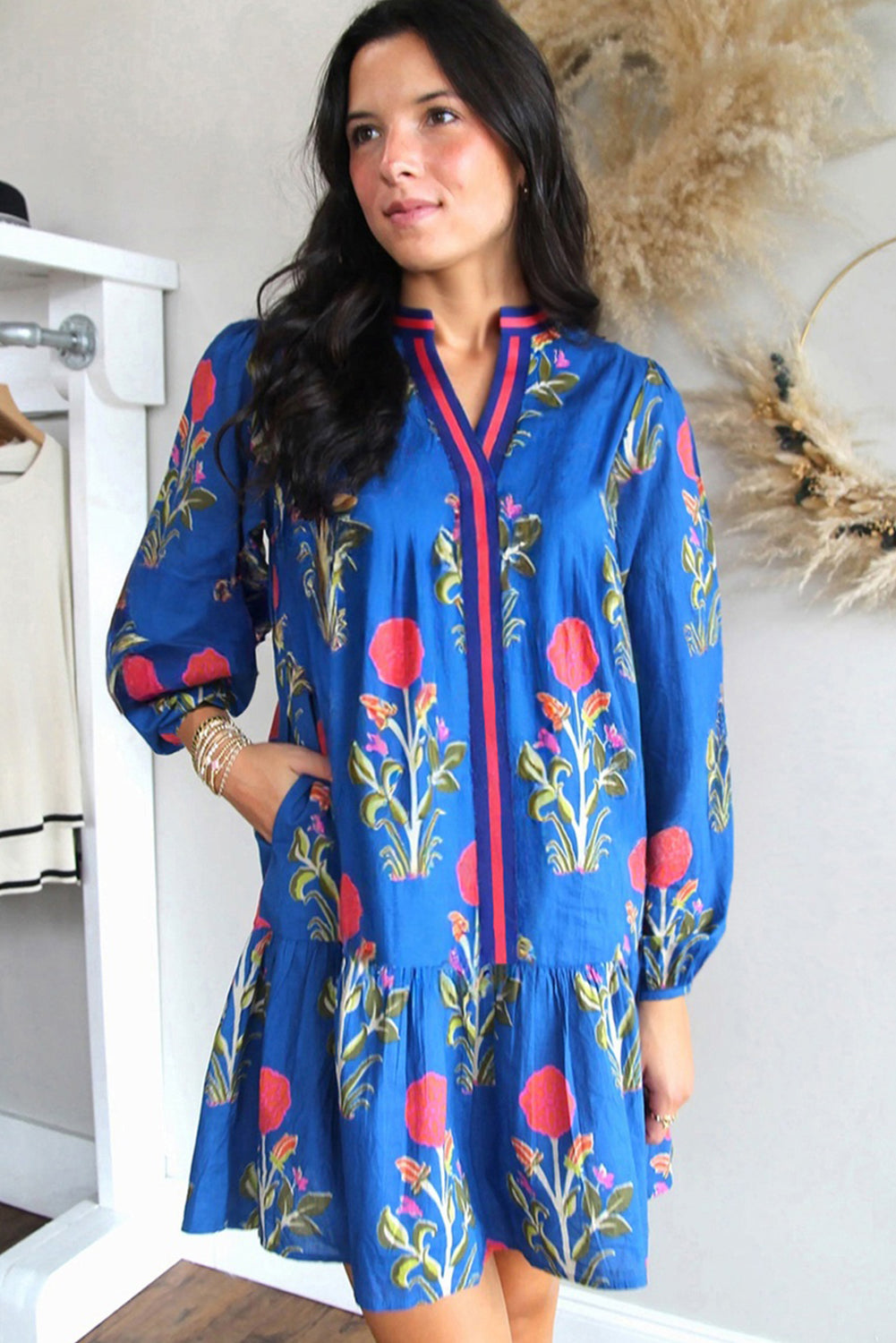 Sky Blue Floral Print Contrast Striped Trim Notched Neck Long Sleeve Dress