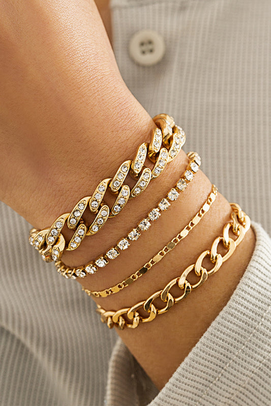 Gold 4pcs Rhinestone Decor Adjustable Chain Plated Bracelet Set