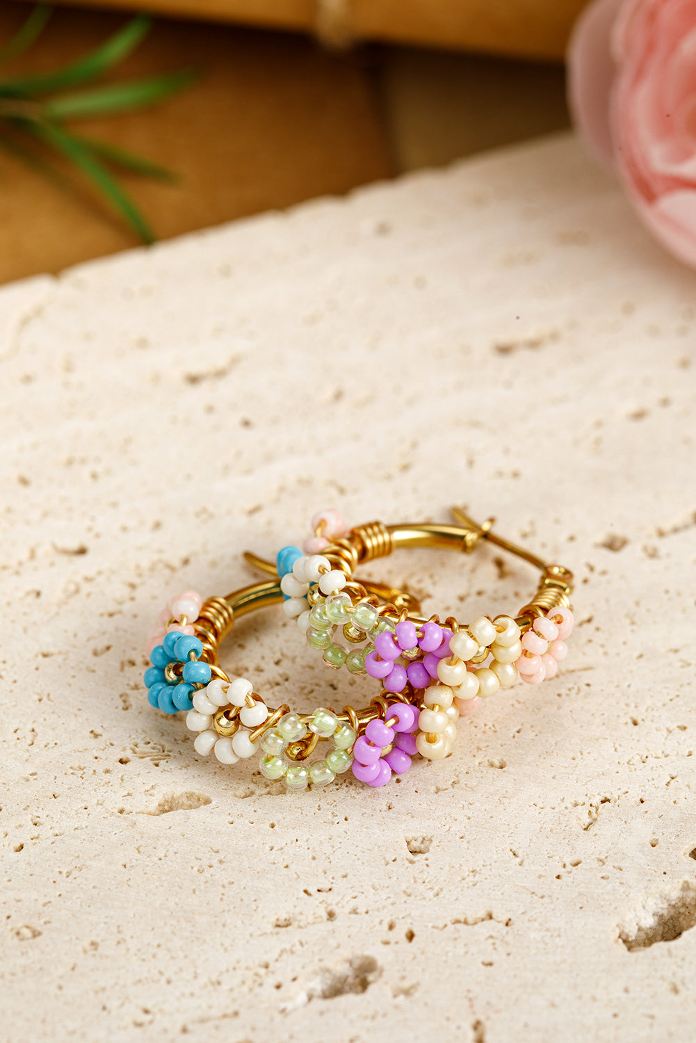 Gold Beaded Flower Hoop Alloy Earrings