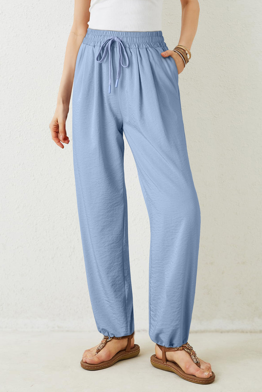 Myosotis Drawstring Elastic Waistband Pleated Loose Pants