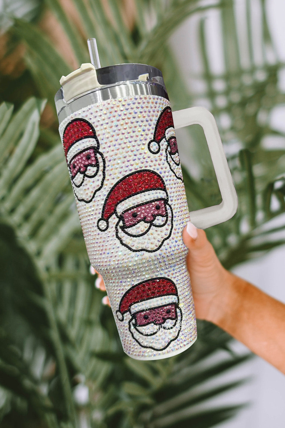 White Christmas Santa Claus Diamond Thermos Cup with Straw 40oz