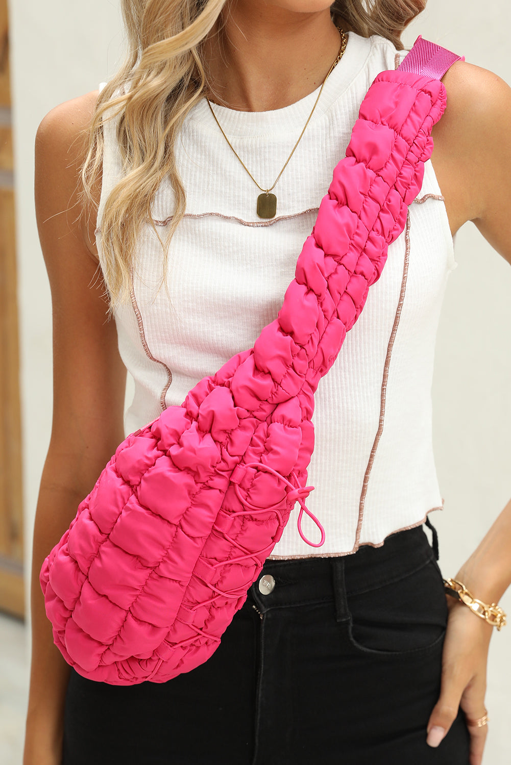 Bright Pink Marshmallow Quilted Drawstring Decor Sling Bag