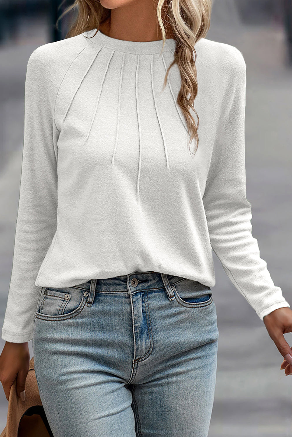 White Solid Color Seam Detail Raglan Long Sleeve Top